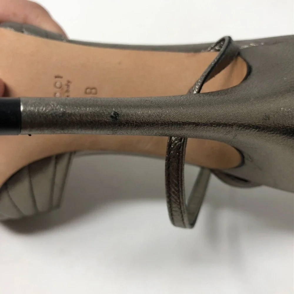 Gucci Sand Pelle Cuoio Sasso Stiletto Heels Womens 8.5 Champaign Metallic Party - Picture 12 of 15